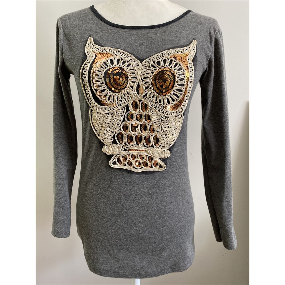 Owl Grey Women Top Long Sleeve Soft Cotton S M Sweater Sequine